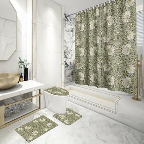 4PCS Vintage Floral Print Shower Curtain Sets,Botanical Sage Green/Yellow Bathroom Sets with Shower Curtain,Toilet Lid Cover,Bath Mat,Waterproof Shower Curtain with 12 Hooks Bathroom Sets Decor Cover