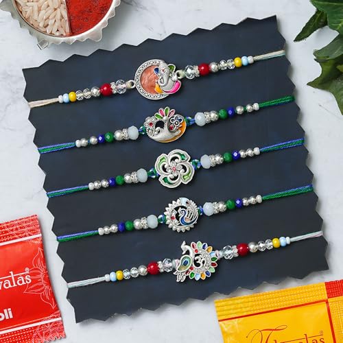 Image of Rakhi for Brother Set of 5 Rakhi With Roli Chawal and Best Wishes Card