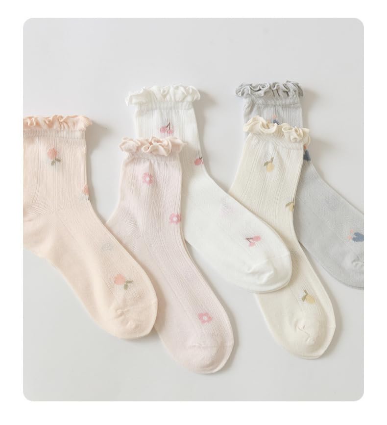 Image of 5 Pair Cute Ankle Socks for Women Coquette Bow Print Ruffle Frilly Cotton Socks Lace Trim Breathable Summer Socks