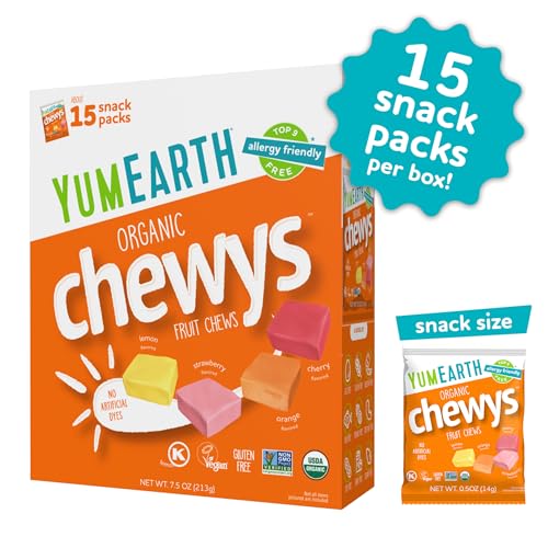 Image of YumEarth Organic Chewys Fruit Flavored Candy Chews - Allergy Friendly, Gluten Free, Non-GMO, Vegan, No Artificial Dyes - Assorted Flavors, 7.5 oz. (Pack of 2)