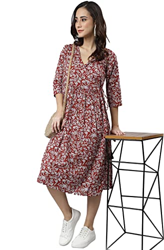 Image of Janasya Women's Cotton Floral Print Angrakha Dress