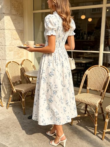 Image of RIHOAS Plaid Gingham Midi Dress Short Sleeve Smocked Dresses for Women | Cotton,Ruffle Puff Sleeves,Vintage Brown,Spring Summer Casual Daily,Picnic,Travel,Vacation,Christmas Festive Occasions