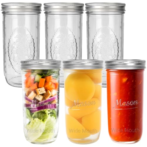CycleMore 6 Pack Wide Mouth Mason Jars with Airtight Lids and Bands, 24 Oz Canning Glass Jars, Glass Canister for Canning, Fermenting, Pickling, Meal Prep, Overnight Oats, Jam, Jelly