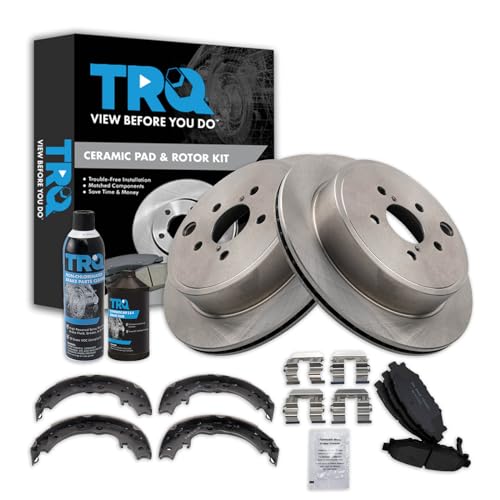 Image of TRQ Rear Brake Pad & Rotor Kit, with Chemical Kit Parking Brake Shoe Set Ceramic Compatible with 2013-2014 Subaru Legacy