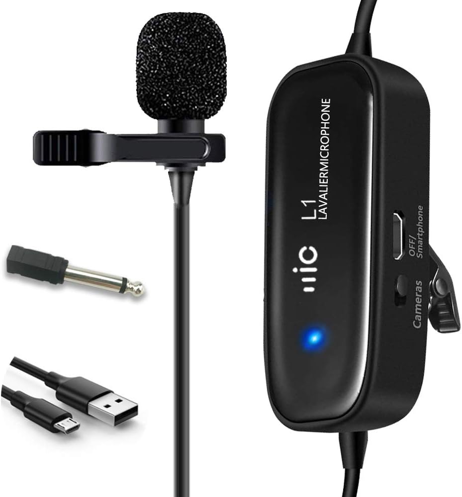 Professional Rechargeable Lavalier Microphone, Champhox MK01 Indicator Light Clip-on Condenser Lapel Mic for DSLR Camera, Smartphone, YouTube Podcasting, ASMR, iPhone, Android, Computer (236in/20ft)
