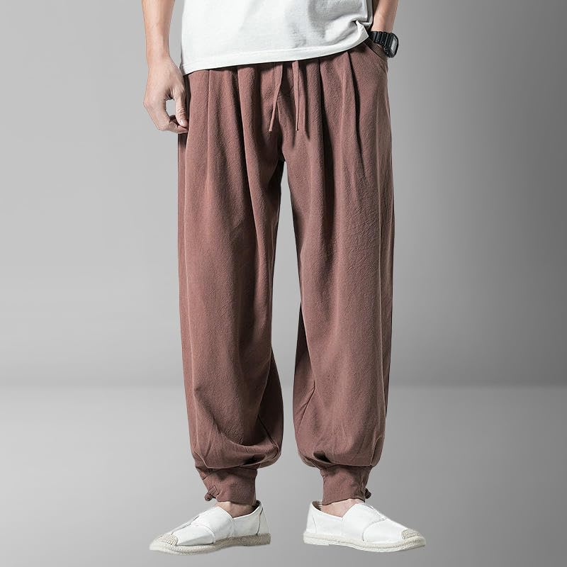 Pantalon lin lanternes hommes style chinois jogging décontracté coupe harem large - 4