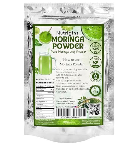 Nutrigins Moringa Powder - Moringa Oleifera - 100% Raw and Pure Moringa Leaf Powder - Great for Drinks, Tea, Smoothies & Recipes - Food-Grade, Vegan, Resealable Stand-Up Bag 8 Ounce (Pack of 1)