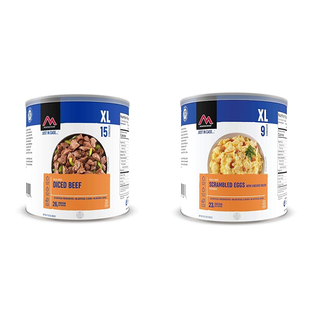 Mountain House Diced Beef | Freeze Dried Survival & Emergency Food | #10 Can | Gluten-Free and Mountain House Scrambled Eggs with Bacon | Freeze Dried Survival & Emergency Food | #10 Can | Gluten-Free