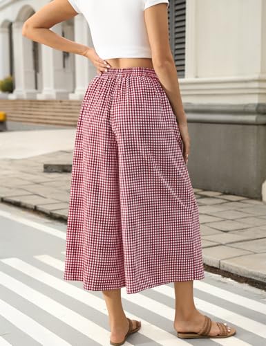 Image of TARSE Women Wide Leg Capri Pants Loose Gingham Plaid Culottes Summer Elastic Waist Palazzo Trousers Bottoms with Pockets