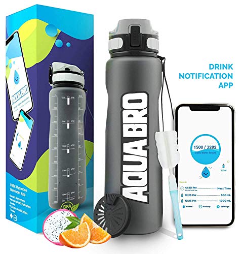 Aquabro Motivational Water Bottle 32 ounce | Drink Reminder APP | Time Marker