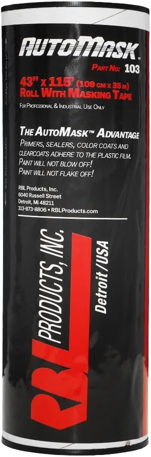 AutoMask 43" x 115' Roll-On Dispenser – Pre-Taped, Lint-Free, Waterproof & Heat-Resistant Paint Masking Film for Automotive & Industrial Use