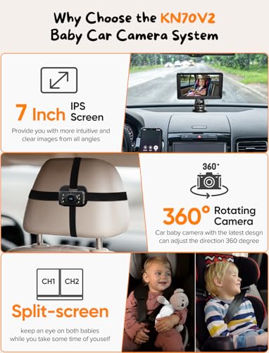 Image of Kidsneed Baby Car Camera for 2 Kids - 7 inch Split Screen Baby Monitor for Car | Dual backseat cameras with 150 wide view and 360 rotation. Clear night vision infant car seat mirror camera