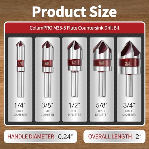 Columpro O068-5PCS Cobalt 5-Flute Countersink Drill Bit Set - Heavy-Duty M35 82-Degree Countersink Chamfer Tool Set For Metal,Stainless Steel,Copper,Wood,Fiberboard,Plastic,Sae 3/4 Inch,5/8 Inch,1/2 Inch3/8 Inch,1/4 Inch thumb #1