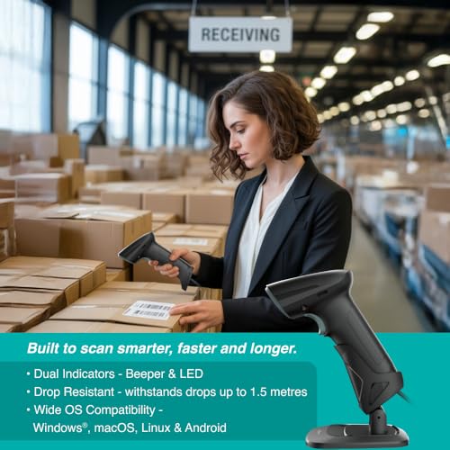 Image of FINGERS 2D-QuickScan W18 Wired Barcode Scanner Bundled with Stand (Quick Scan & CMOS Image Technology, 1D & 2D Codes, Simple Plug-n-Play, Compatible with Windows, macOS, Android, Linux)