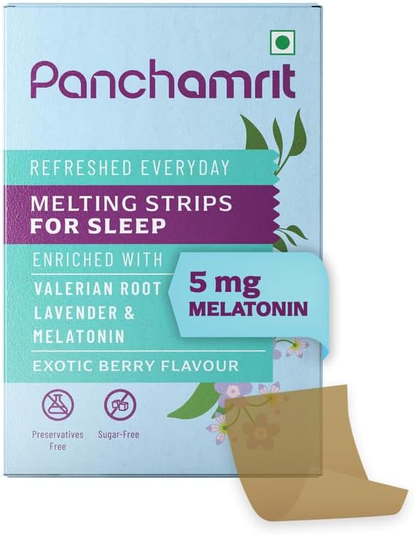 Melting Strips for Sleep Melatonin 5mg, 30 Vegan Strips (Pack of 1) | Natural Sleep Aid | Sugar-Free, Non-Habit Forming |Ayurvedic Herbs-Valerian Root, Lavender & Chamomile | 1-month supply