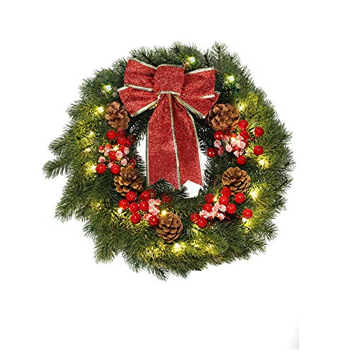 Mortime 16 Inches Led Christmas Wreath With Pinecones Red Berries, Red Bowknot Lighted Christmas Wreath With 40 Led Warm White Lights For Winter Holidays Home Decoration (Christmas) #TOP26