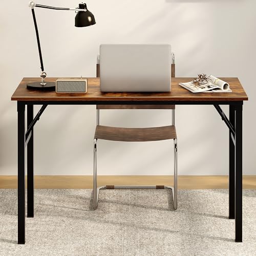 Image of Need Office Computer Desk 47.2x23.6 in Sturdy Folding Laptop Table Retro | Black Frame Writing Gaming Work Table /Foldable Home Office Desk /Sewing Table, No Assembly Required