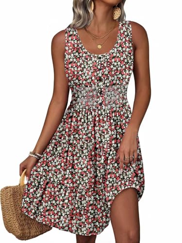 Image of Summer Dresses for Women Casual Sleeveless Sundresses Elastic Waist Mini Sun Dress