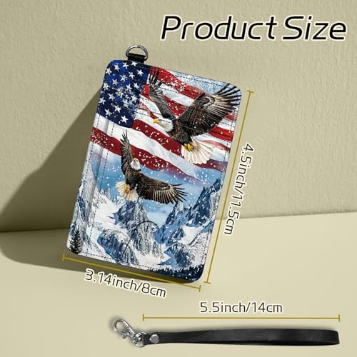Image of Small Travel Wallets, Eagle Iceberg American Flag Slim Minimalist Front Pocket Wallet with Wristlet, RFID Blocking PU Leather Credit Card Holder with ID Window Change Purse for Men Women