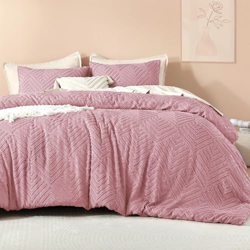 Image of Litanika Grayish Pink Full Comforter Set, 3 Pieces Tufted Boho Farmhouse Bedding Comforter Sets, Lightweight Fluffy Comforter Bed Set for All Season (79x90In Comforter and 2 Pillowcases)