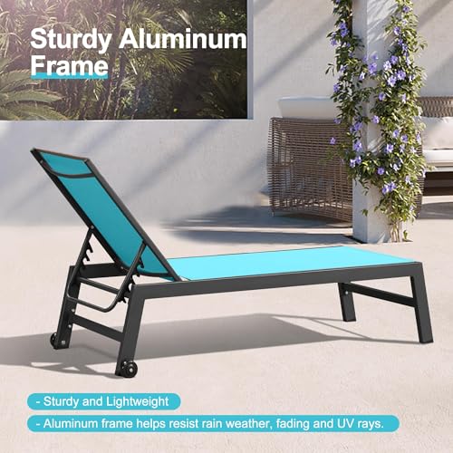 Image of PURPLE LEAF Outdoor Patio Chaise Lounge Set 2 Pieces Pool Lounge Sunbathing Chairs with Wheels Chair for Yard (2 Turquoise Blue Lounges W /Side Table)