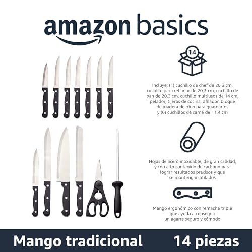 Infografía del juego de cuchillos Amazon Basics que incluye 14 piezas y destaca las características de los cuchillos