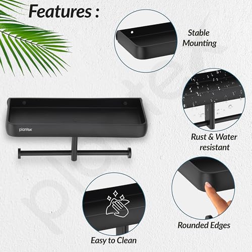 Image of Plantex Self Adhesive Aluminium Dual Toilet Paper Holder for Bathroom /Tissue Paper Roll Holder with Mobile Stand /Toilet Paper Roll Holder /Bathroom Accessories - (Black)