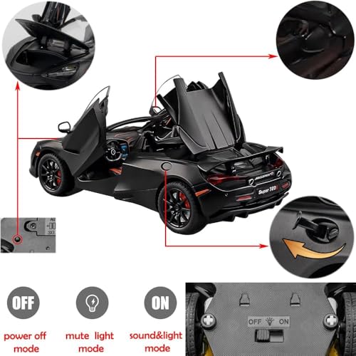 Image of 1:24 McLaren 720S Convertible Diecast Car | Alloy Metal Pull Back Toy Car with Openable Doors, Lights & Music | Model Car for Kids Boys Girls Gift & Collectors (Black)