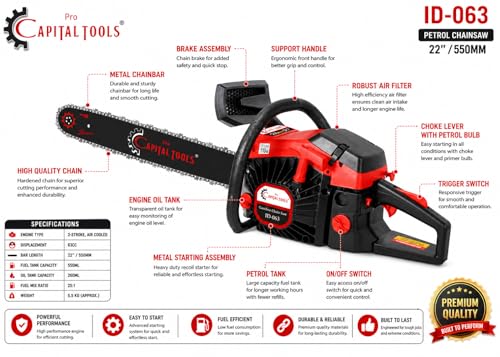 Image of ProCapital Tools ID-063 63CC Heavy-Duty Petrol Chainsaw, 22-Inch Chain Bar | Powerful 2-Stroke Wood Cutting Machine for Farming & Tree Cutting