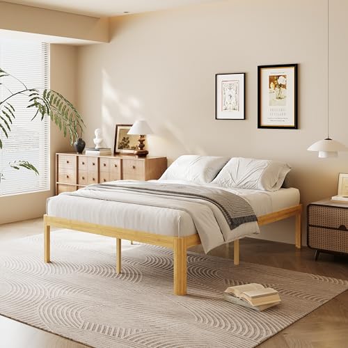 COMASACH 18 Inch King Wood Platform BedMid-Century Wood Bed Frames No Box Spring Needed Natural Finish Easy Assembly