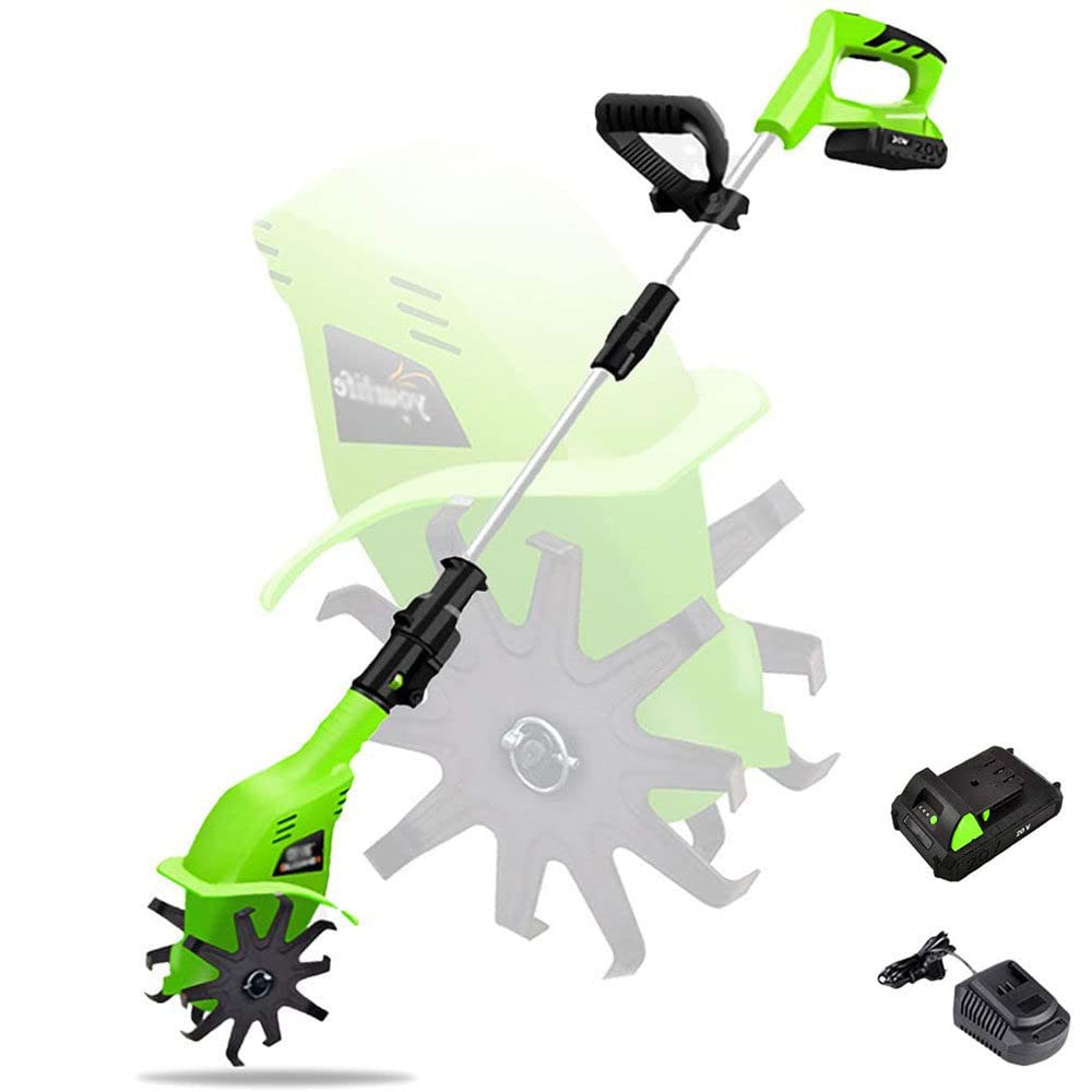Rotavator senza fili, 20V leggero portatile elettrico senza fili alimentato a batteria coltivatore di terreno a denti anteriori giardinaggio con batteria ricaricabile 4000mAh e caricatore