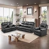 Toseslo Manual Reclining Couch Sofa Set with Drop-Down Table, 3 Pieces Black Leather Recliner Couch Sets, Living Room Furniture Sets, Recliner Sofa with Storage Console/Cup Holder for Home/Apartment