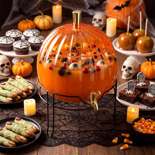 Romooa 1.3 Gallon Halloween Plastic Drink Dispenser with Metal Stand Spigot Pumpkin Shaped Drink Dispenser Beverage Flask with Spigot for Fall Harvest Summer Halloween Autumn Party Supplies(Orange)