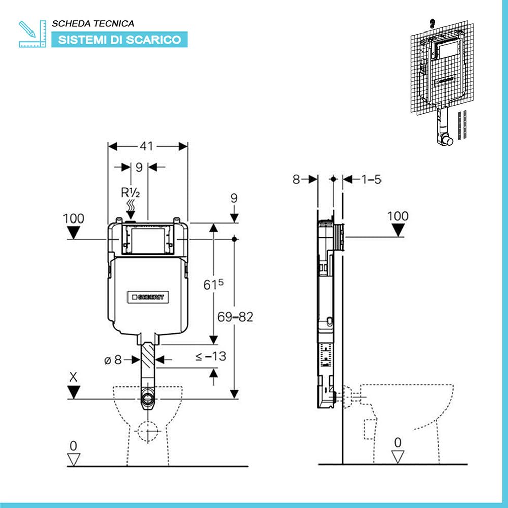 Cassetta Scarico WC Incasso Geberit Per Muratura (WC A Pavimento) - Doppio Scarico Regolabile (6/3 L) - INCLUSA Placca Di Comando Doppio Tasto Cromata