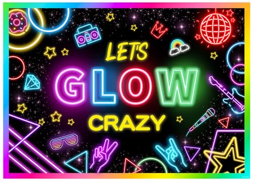 Ladvis Neon Let's Glow Crazy Backdrop, Glow Theme Birthday Background, Party Banner Decorations for Kids Boys Girls Sleppover Party Supplies Photography Photoshoot Props Fabric 82.7