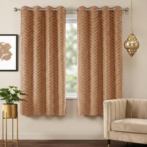 Image of 100% Room Darkening Window Curtains 5 Feet 2 Piece, Beige | Embossed Panels Light Block Mild Thermal Insulated & Noise Reducing Room Darkening Curtains (Beige, 60 Inch)