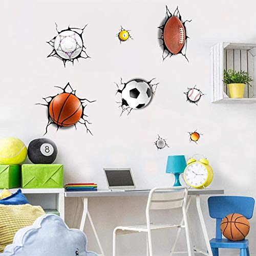 Supzone Sport Balls Wall Decals 3D Wall Stickers Break Through The Wall Removable Vinyl Diy Basketball Rugby Baseball Football Wall Decor Boys Playroom Bedroom Classroom Living Room #TOP4