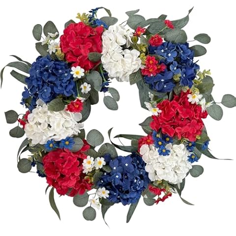 WANNA-CUL Patriotic Wreath Decorations, 24 Inch Hydrangea 4th of July Wreaths for Front Door, Red White Blue Spring Door Wreath for Independence Day, Memorial Day for Indoor Outdoor Decor Cover
