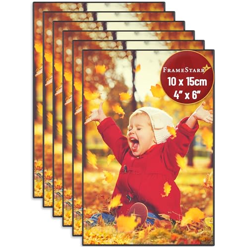 FrameStarr 4x6 Picture Frame Set (Black, 6 Pack), Front-Loading Contemporary Modern Style, Tabletop or Wall Mount, Harmony Collection