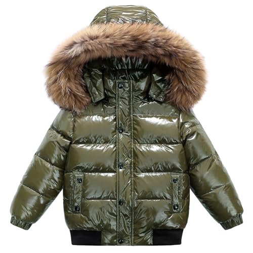 Manteau chaud pour enfants matelassé vert armée avec capuche amovible