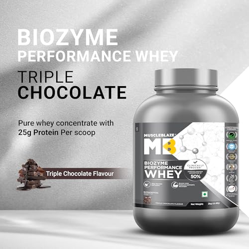 Image of MuscleBlaze Biozyme Performance Whey Protein Powder, 2kg (4.4lbs) | Triple Chocolate | 25g Protein Per Scoop | Clinically Tested 50% Higher Protein Absorption