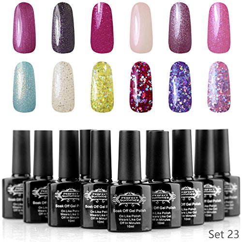 Perfect Summer Gel Nail Polish UV LED Soak Off Glitter Holographic Colors Gift Kit - Pack of 12, 10ml Each (Set #23)