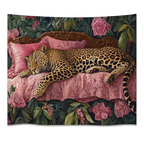 Sleepy Leopard Wall Tapestry Pink Bed Floral Jungle Cat...