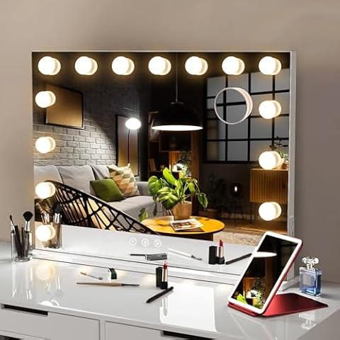 HTLOTUS Hollywood Vanity Table Mirror with Lights, 15 LEB Bulbs 3 Color Lighted Makeup Mirror with 10X Magnification Miroor, Tabletop or Wall-Mounted, Touch Control Mirror, 22 * 18 * 4 Inch Cover