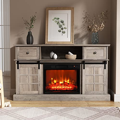 Lghm Fireplace Tv Stand For 65 Inch Tv, Entertainment Center With 23" Electric Fireplace, 58" Farmhouse Tv Stand With Sliding Barn Door, Tall Tv Console With Flip Drawers, Wash Gray #TOP23