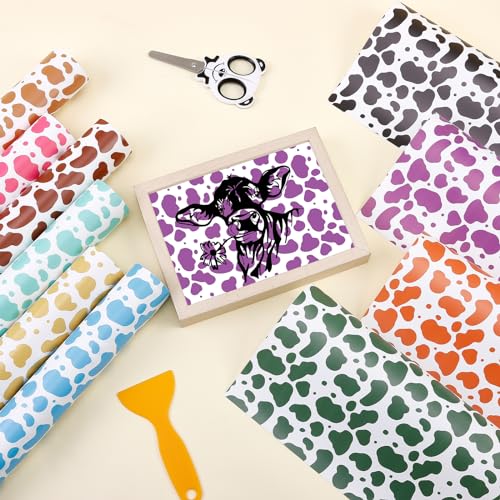 Tintnut Colorful Cow Permanent Vinyl, Cowhide Pattern Printed Adhesive Vinyl - 10 Sheets 12\"x10\", Animal Print Sheets Compatible with Cricut/Silhouette for Decor Self Sticker