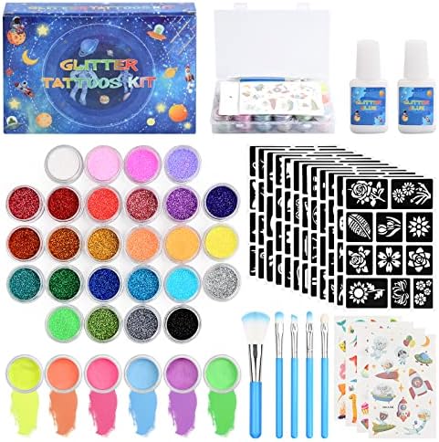 Temporary Glitter Tattoos Kit Stunning Fake Tattoo Kit with 26 Large Glitter Colors, 6 Fluorescent Colors, 134 Stencils and 2 Glue, Perfect Birthday Party Christmas Festival Gifts For Girls Teenage Woman