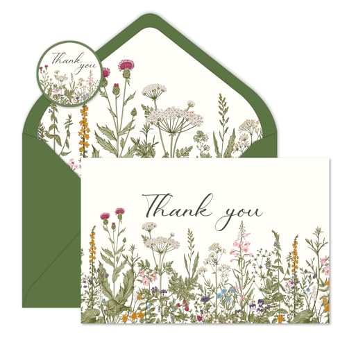 Whaline 24 Pack Vintage Wild Floral Thank You Cards Bulk Retro Botanical Green Leaves Herbs Greeting Cards with Envelope Sticker for Birthday Wedding Baby Shower Bridal Shower