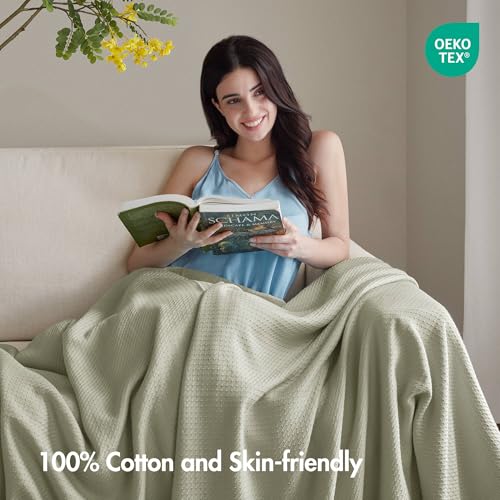 Image of Madison Park 100% Egyptian Cotton King Bed Blanket for Summer Sage Green | Cozy Soft Breathable Durable, Waffle Weave Woven Casual, Lightweight Knit All Season Throw for Bed Couch or Sofa, OEKO TEX
