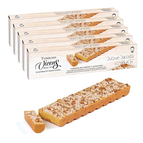Turrón de Arroz y Azafrán by Quique Dacosta 300g en Estuche línea Sinergia Torrons Vicens - Dulces de Navidad Calidad Suprema - Turrón con arroz, naranja y cereales (Pack 5 Turrones)